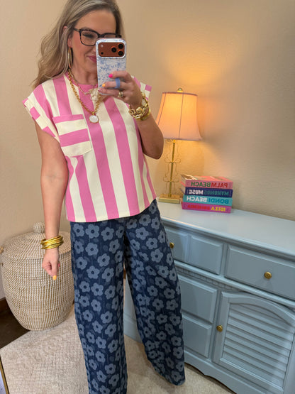 Pink and Cream Strip Round Neck Pocket Top