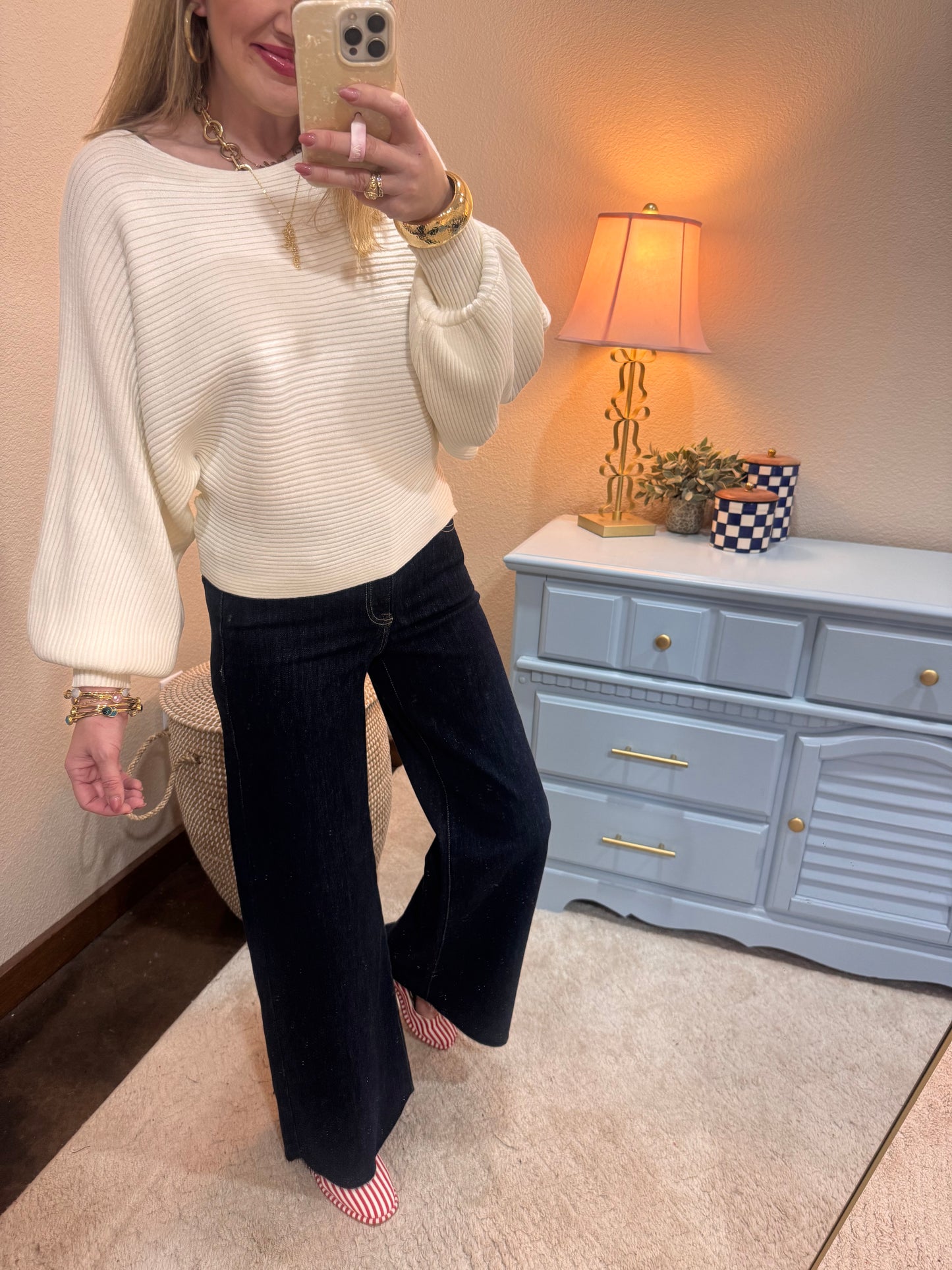 Cream Ribbed Balloon Sleeve Sweater
