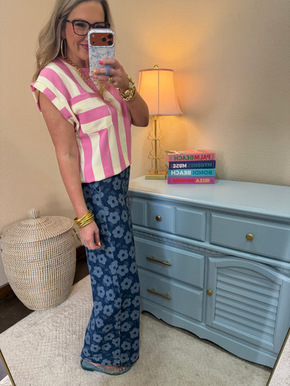 Pink and Cream Strip Round Neck Pocket Top