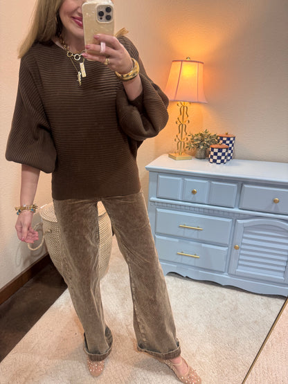 Brown Ribbed Balloon Sleeve Sweater