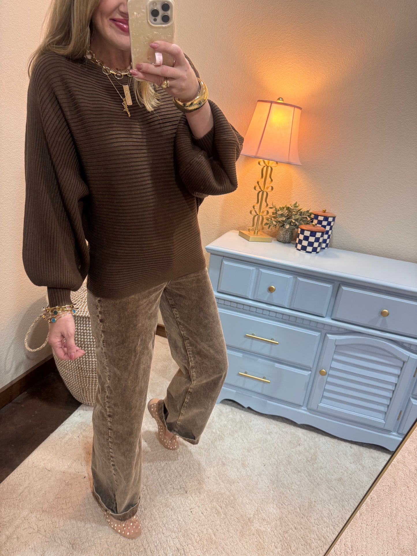 Brown Ribbed Balloon Sleeve Sweater
