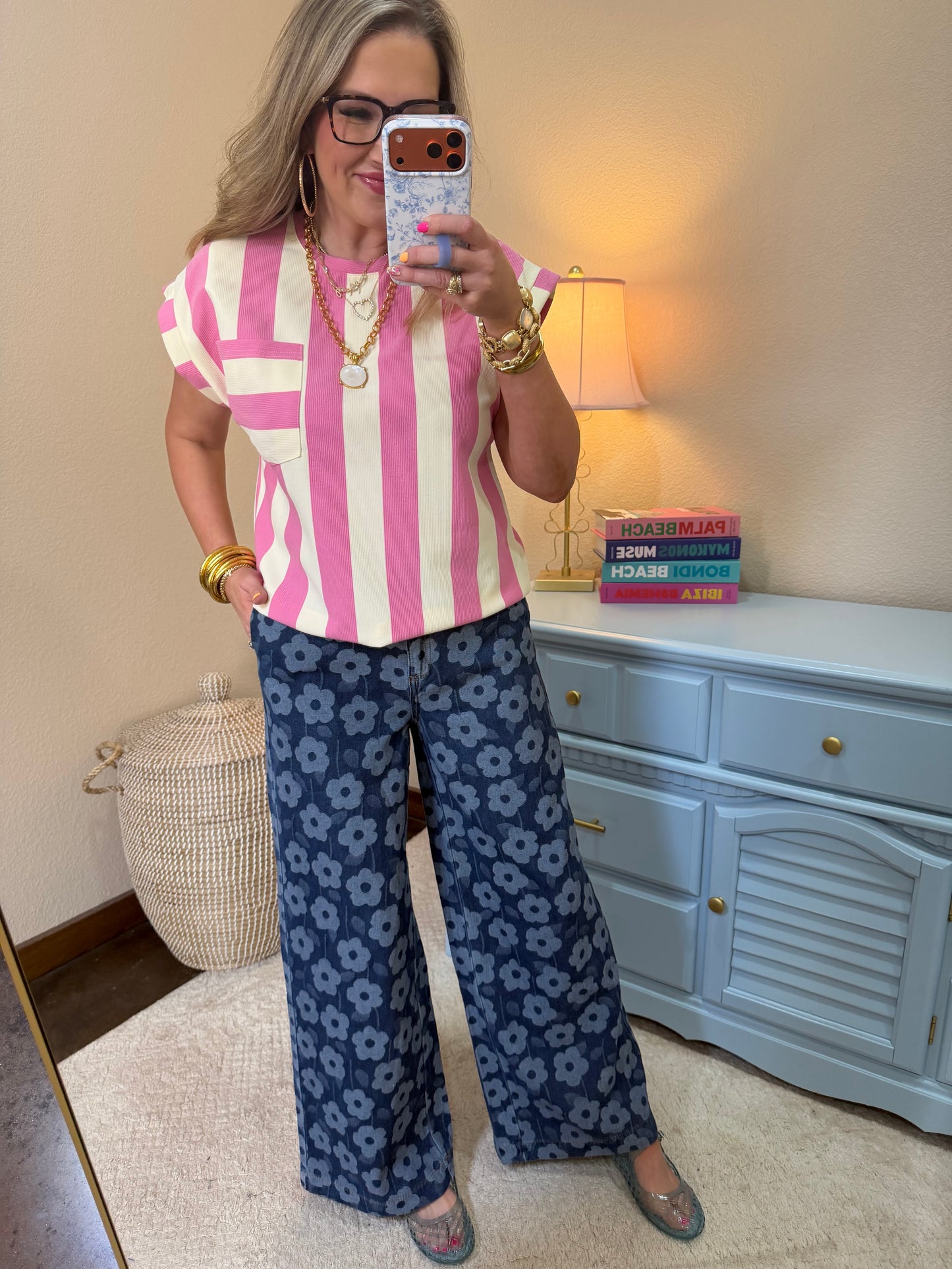 Pink and Cream Strip Round Neck Pocket Top