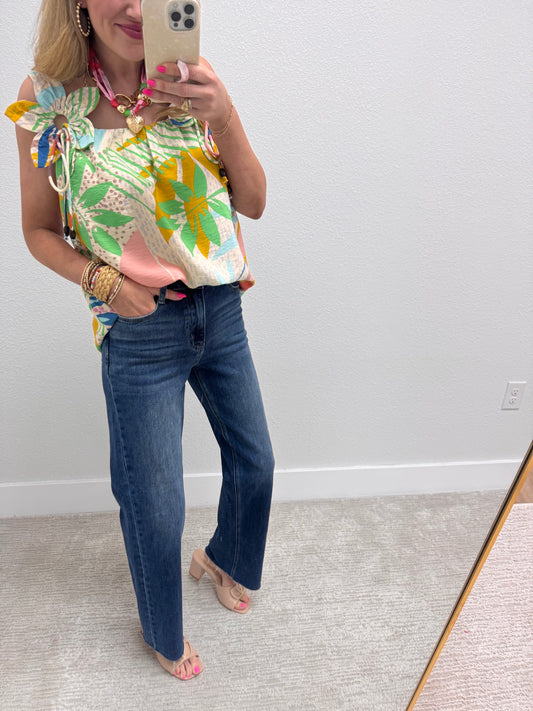 Ivory Tropical Printed Sleeveless With 3D Flower Detail Strap