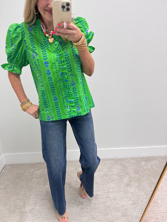 Green Mix Puff Sleeve Ruffle Neck Top