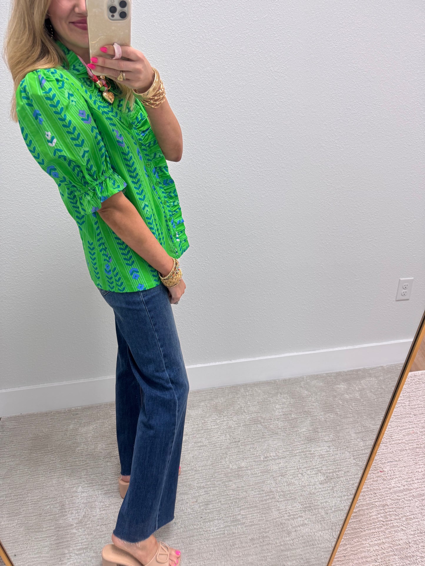 Green Mix Puff Sleeve Ruffle Neck Top
