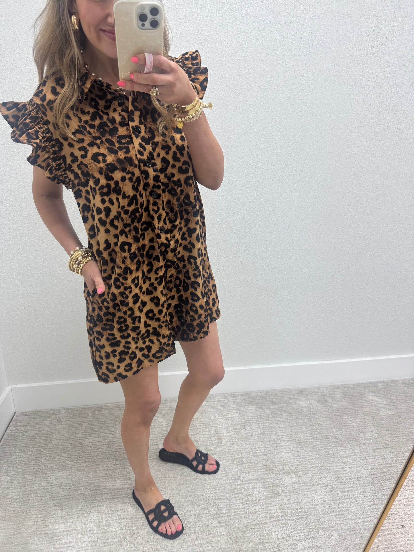 Lightweight Leopard Printed Romper with Pocket and Ruffle Sleeves