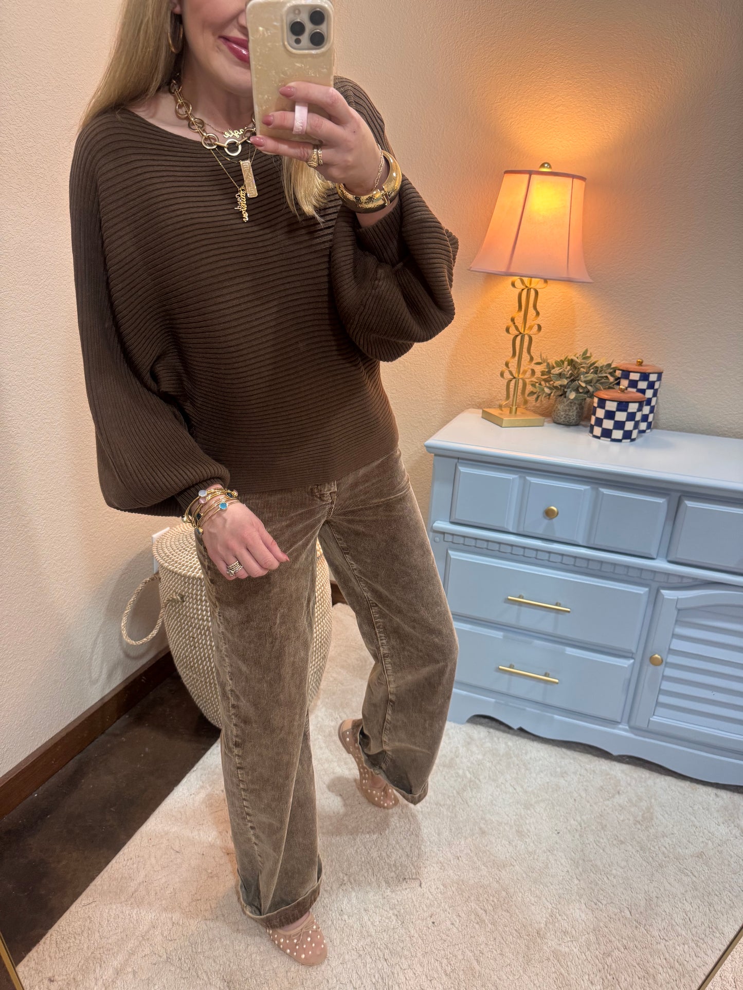 Brown Ribbed Balloon Sleeve Sweater