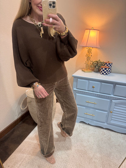 Brown Ribbed Balloon Sleeve Sweater