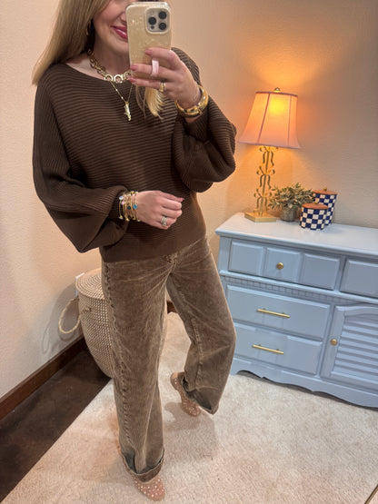 Brown Ribbed Balloon Sleeve Sweater
