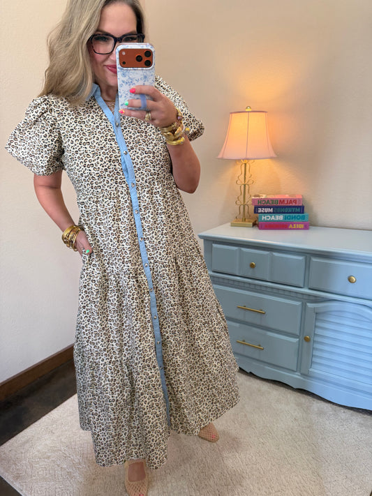 Button Down Tiered Leopard Midi Dress