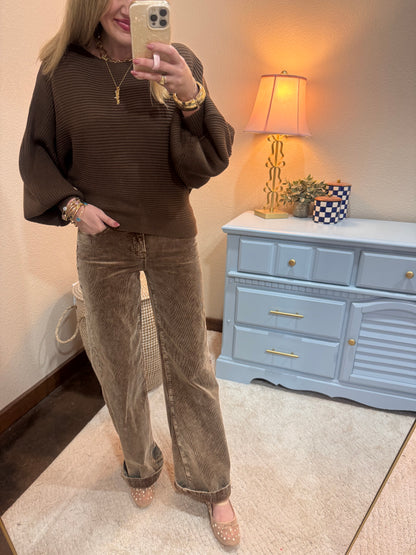 Brown Ribbed Balloon Sleeve Sweater