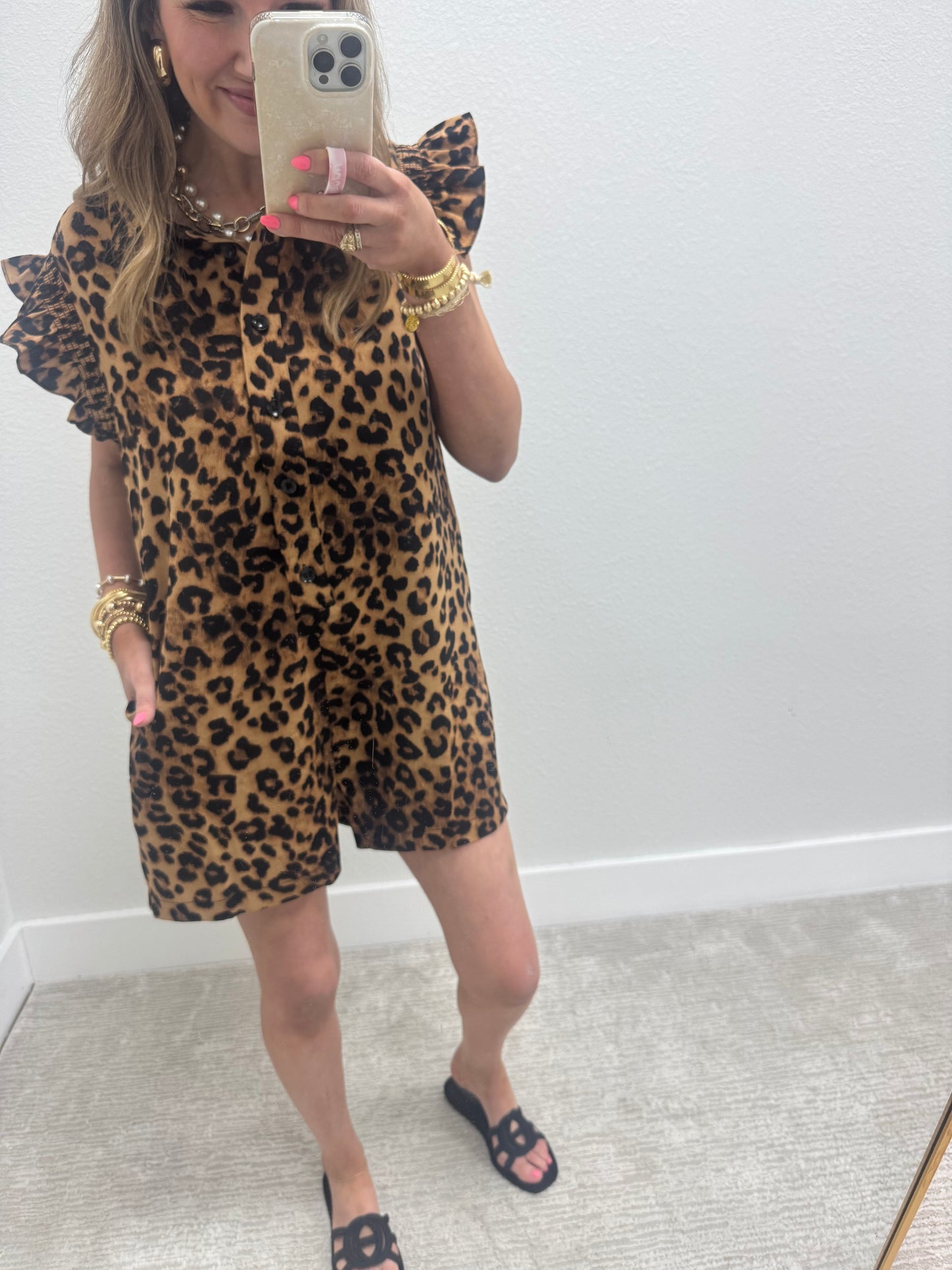 Lightweight Leopard Printed Romper with Pocket and Ruffle Sleeves