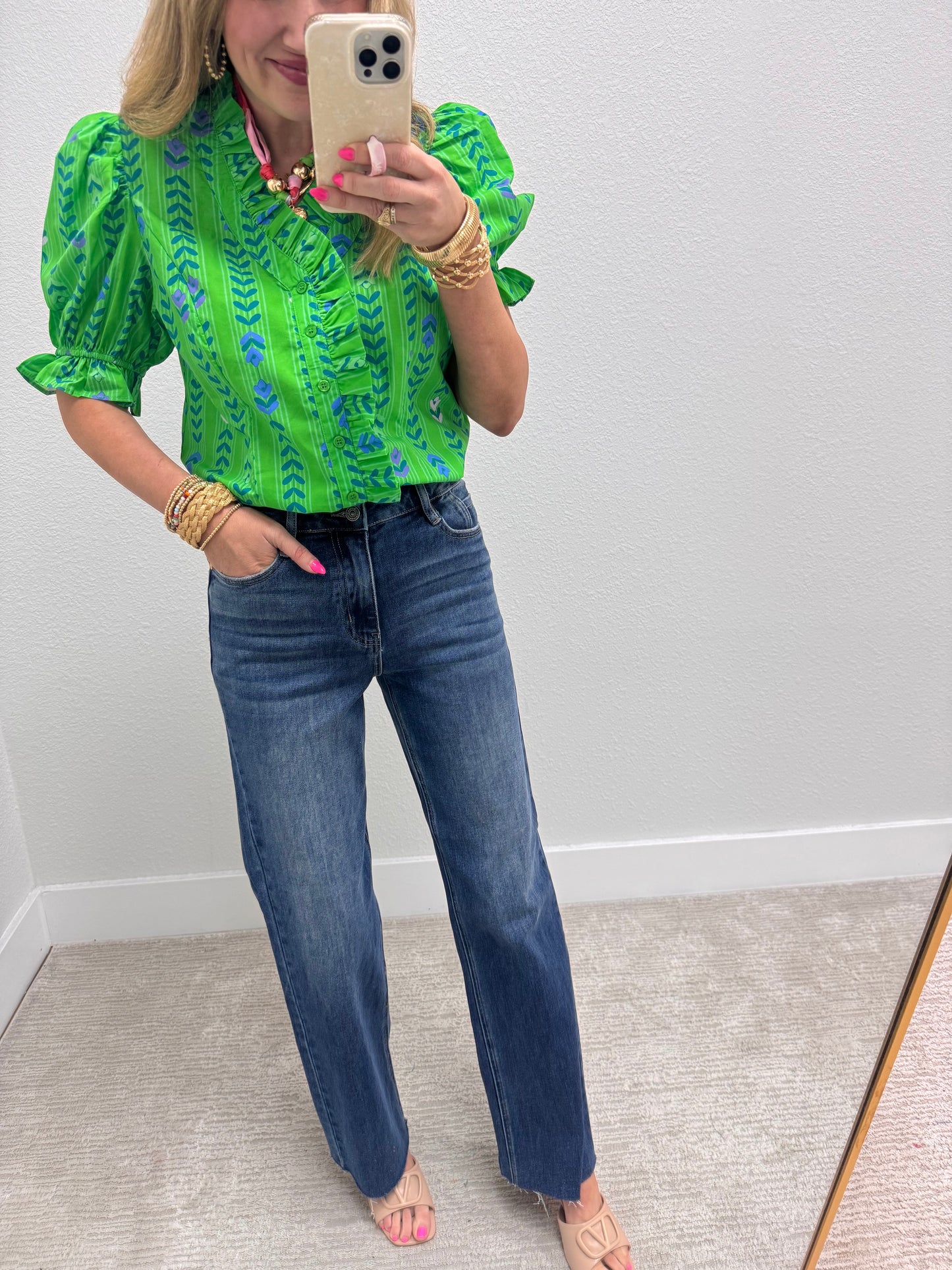 Green Mix Puff Sleeve Ruffle Neck Top