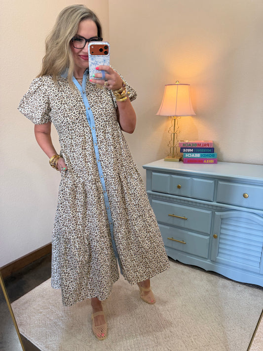 Button Down Tiered Leopard Midi Dress