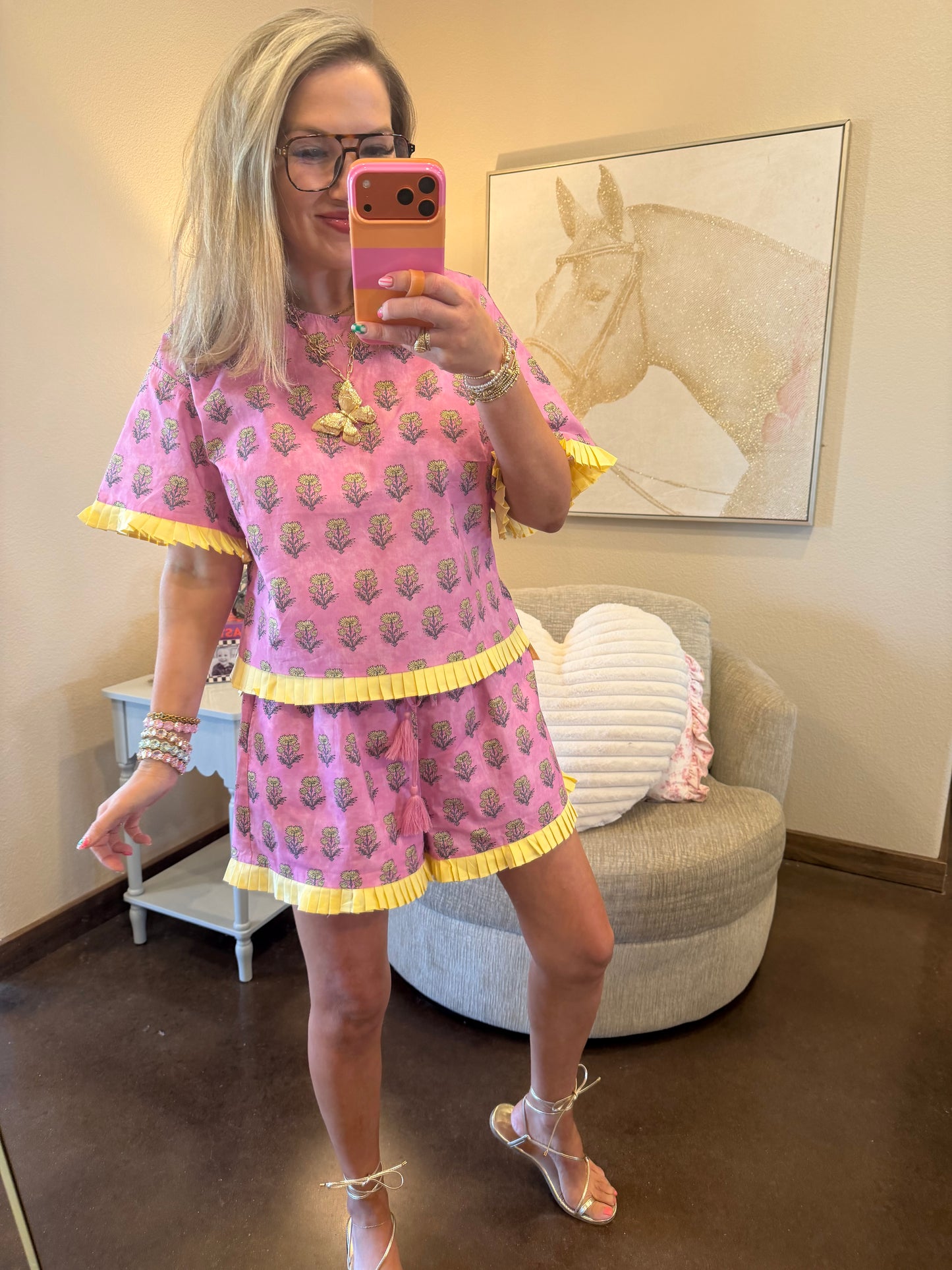 Floral Print Pleated Short Set