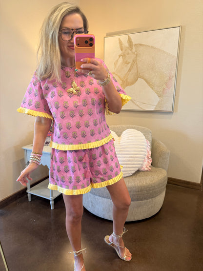 Floral Print Pleated Short Set
