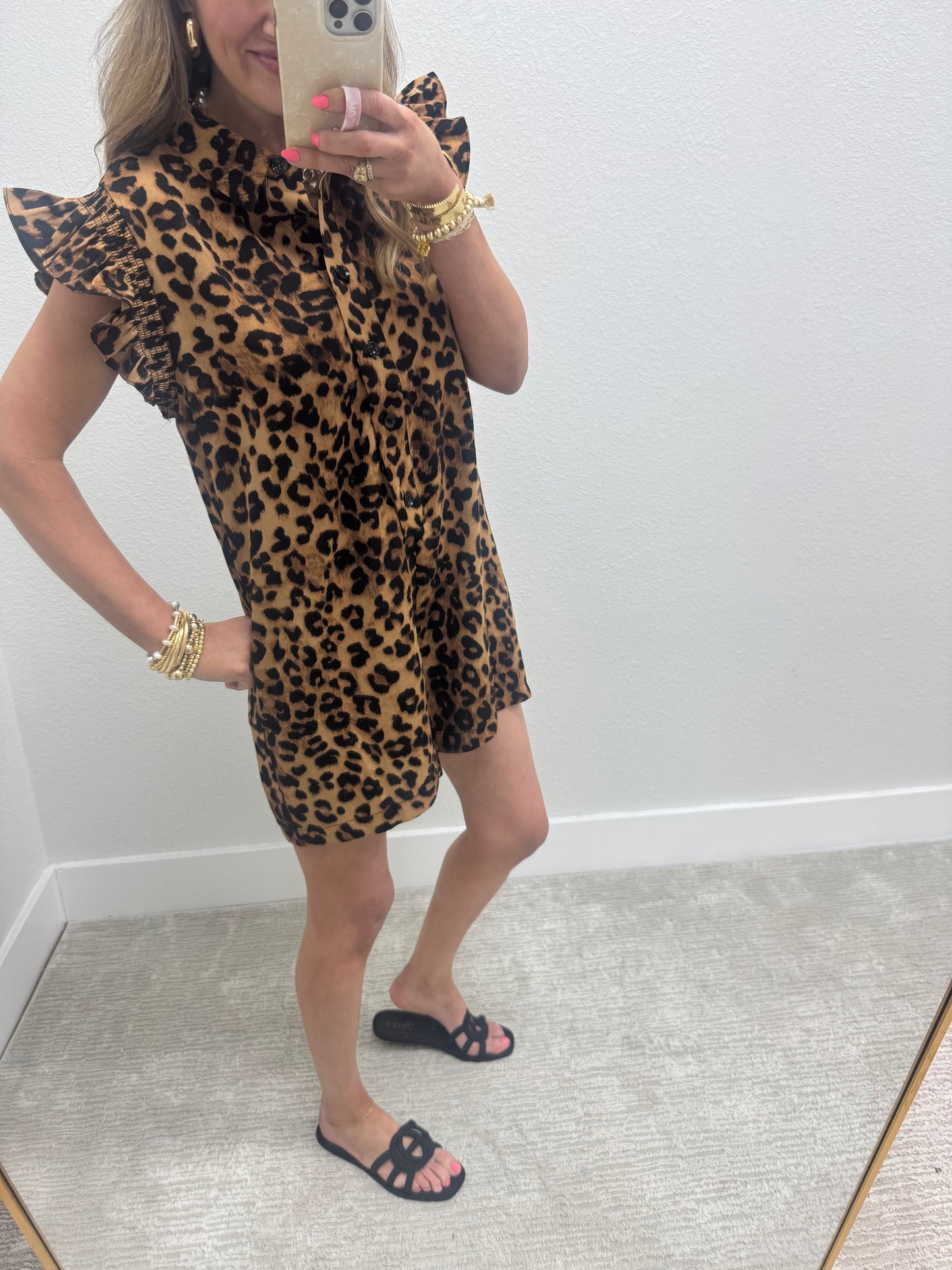 Lightweight Leopard Printed Romper with Pocket and Ruffle Sleeves