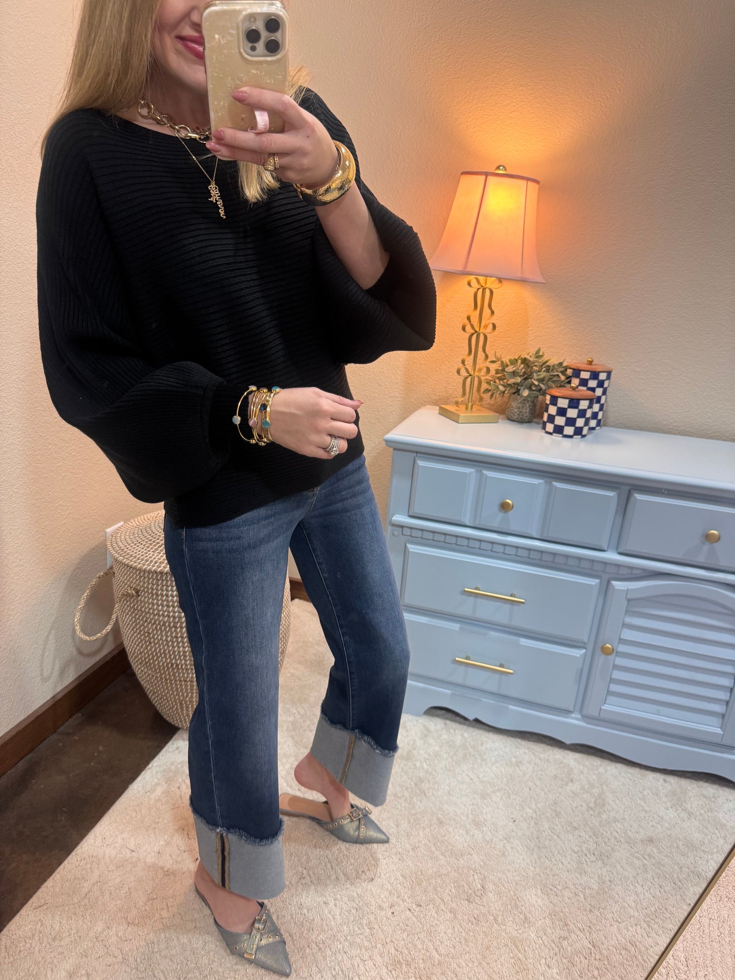 Black Ribbed Balloon Sleeve Sweater