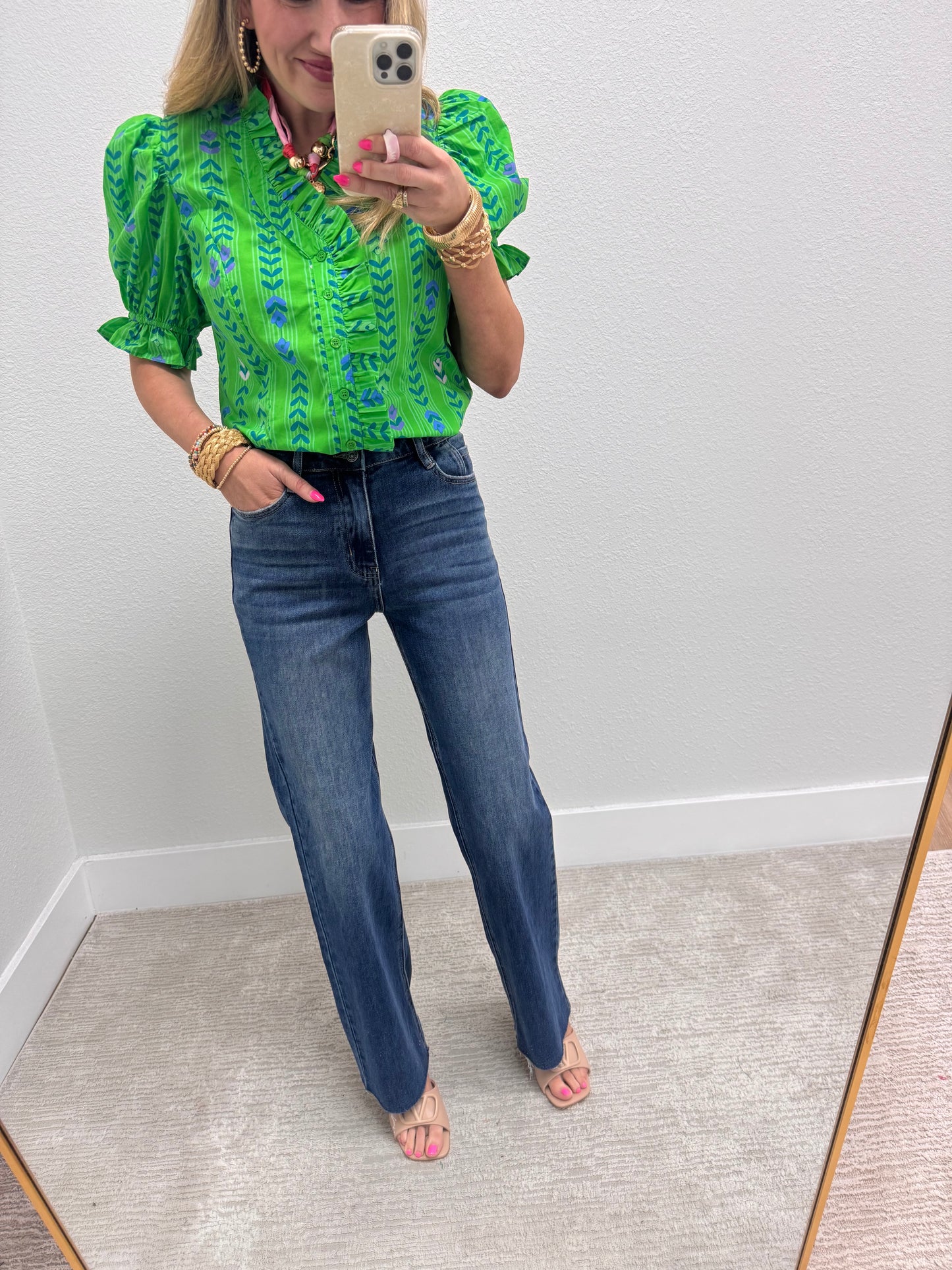 Green Mix Puff Sleeve Ruffle Neck Top