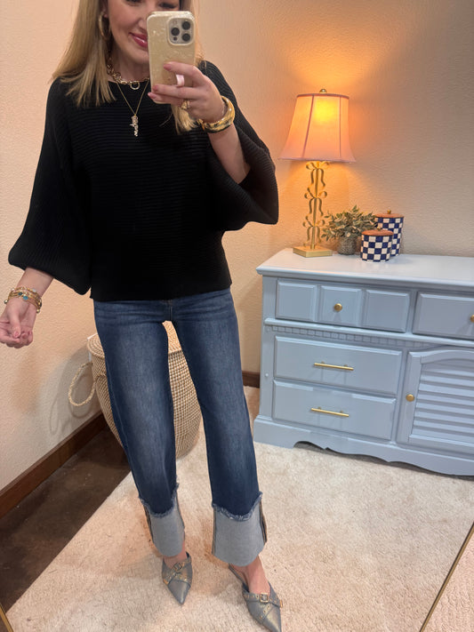 Black Ribbed Balloon Sleeve Sweater