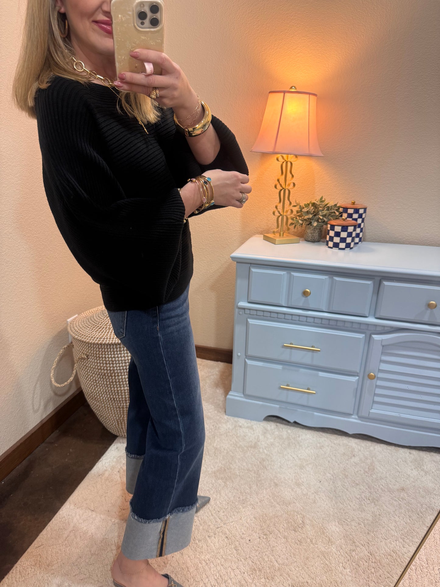 Black Ribbed Balloon Sleeve Sweater