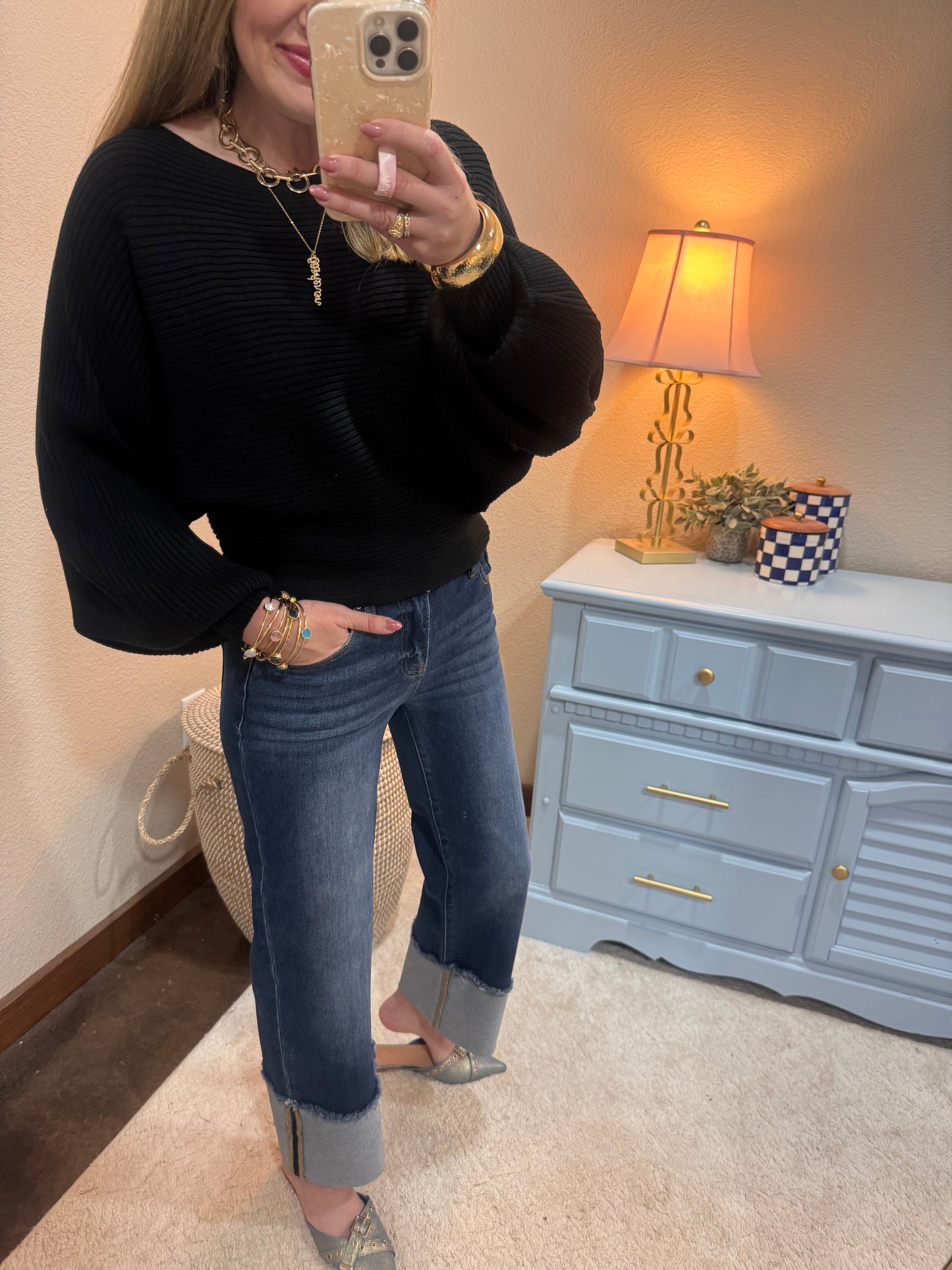 Black Ribbed Balloon Sleeve Sweater