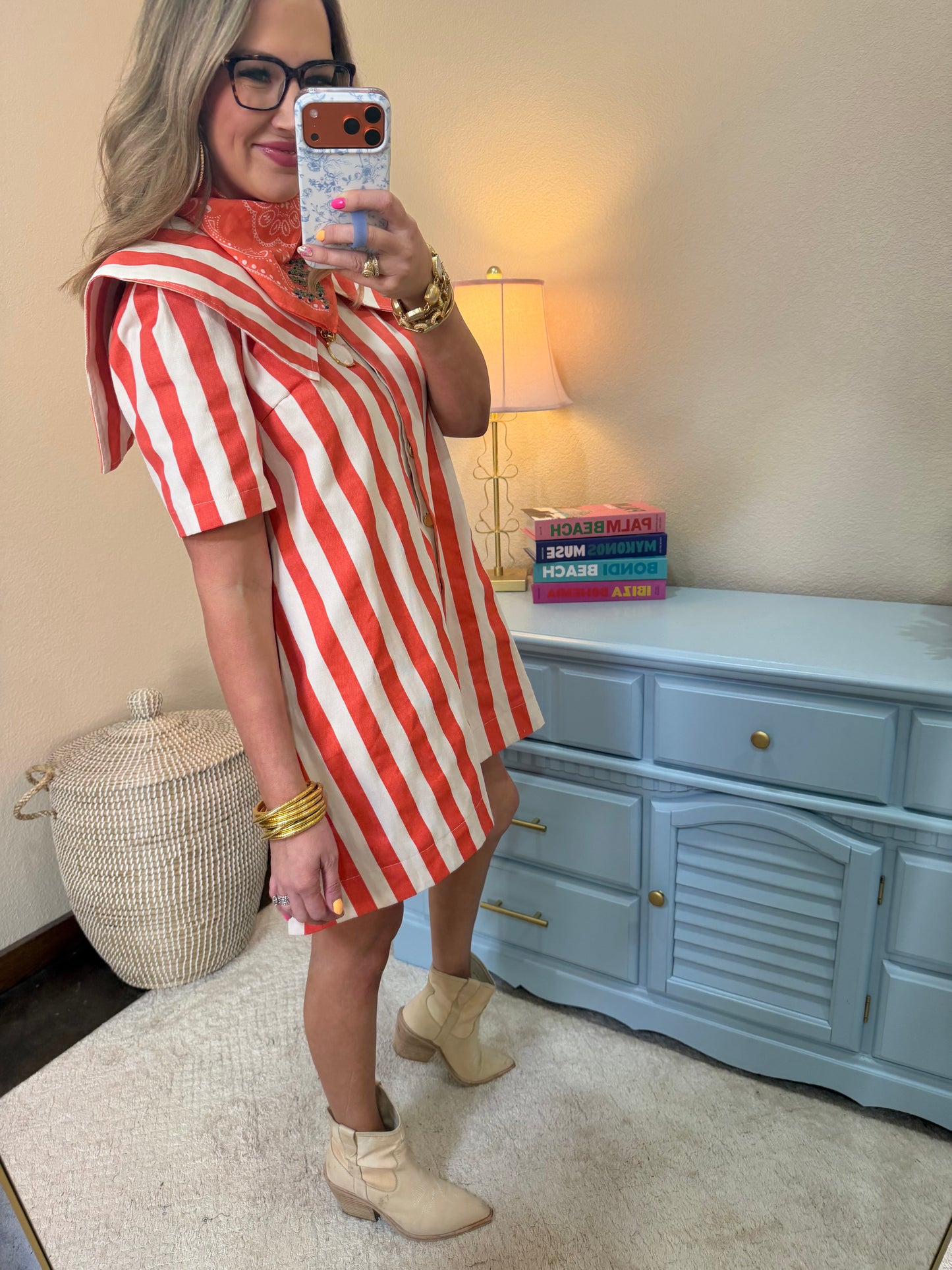 Orange Stripe Short Sleeve Mini Dress