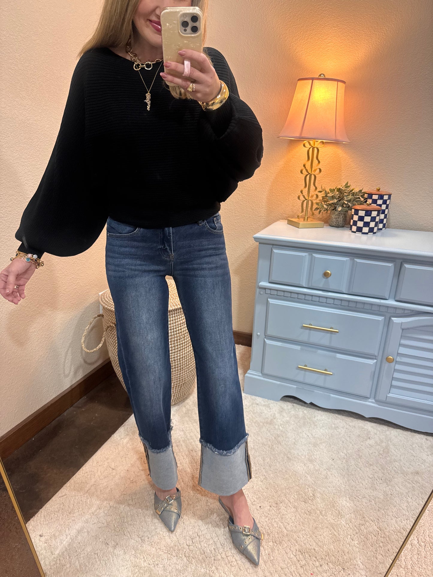 Black Ribbed Balloon Sleeve Sweater