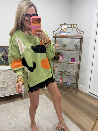 Light Olive Halloween Theme Patchwork French Terry Pullover