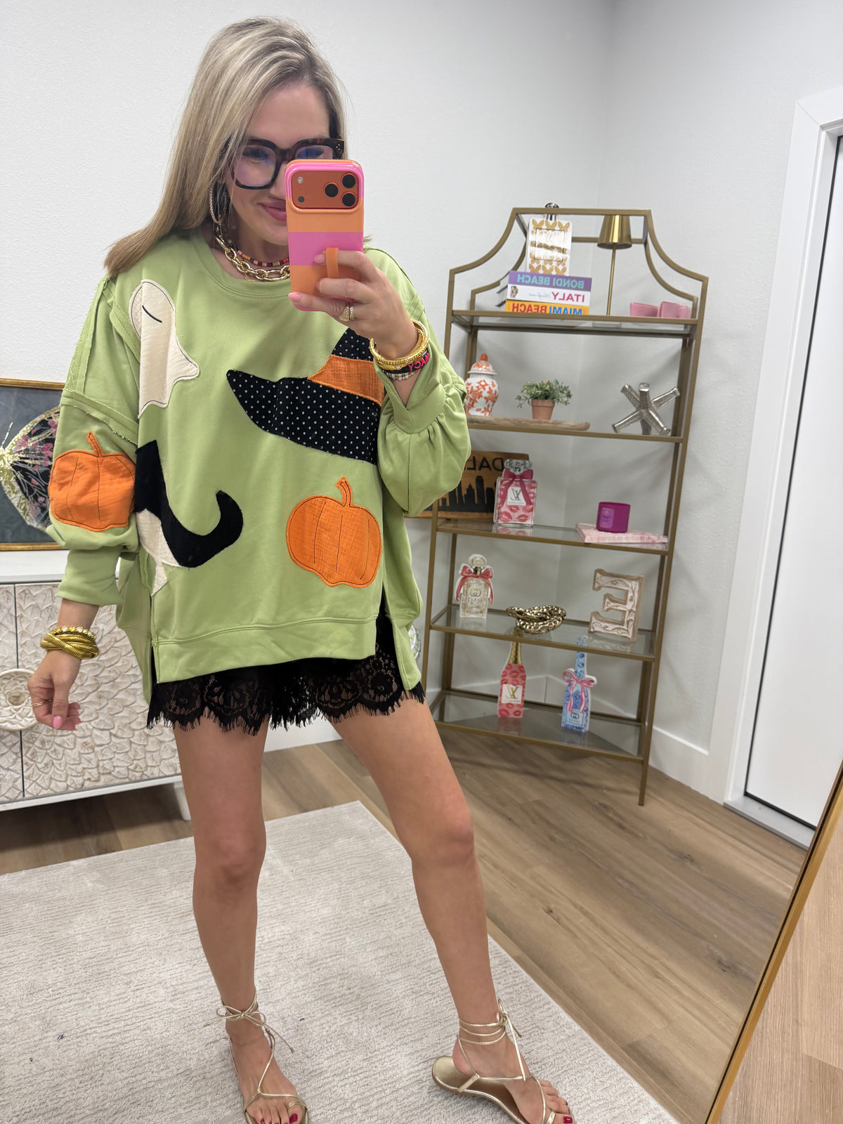 Light Olive Halloween Theme Patchwork French Terry Pullover