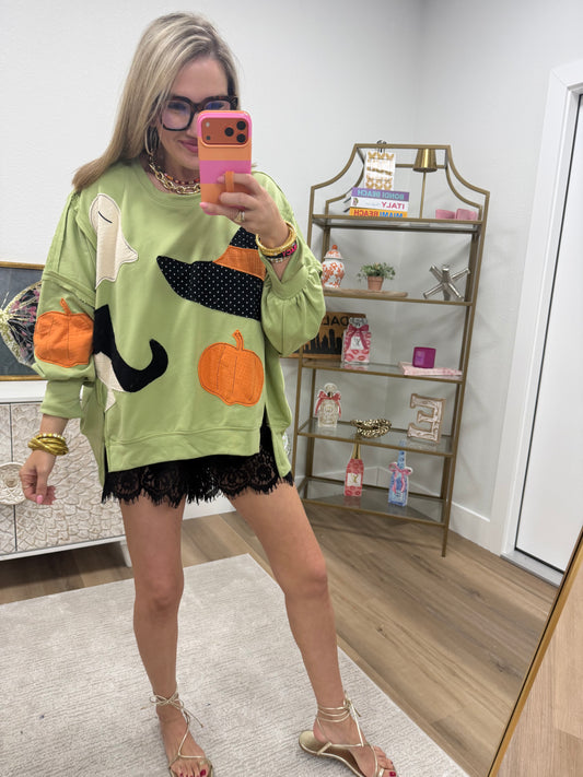 Light Olive Halloween Theme Patchwork French Terry Pullover