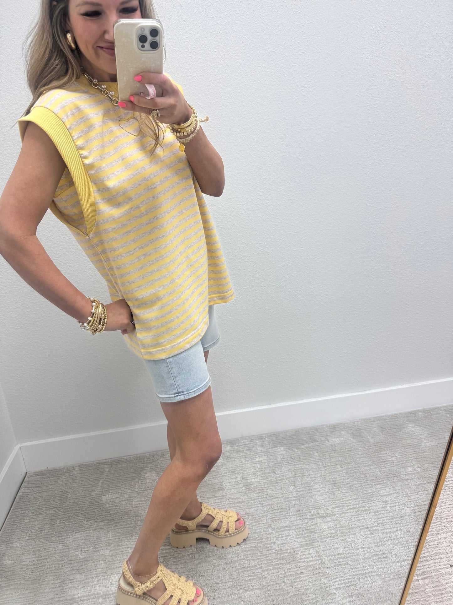 Yellow and Grey Striped Cap Sleeve Shirt FS