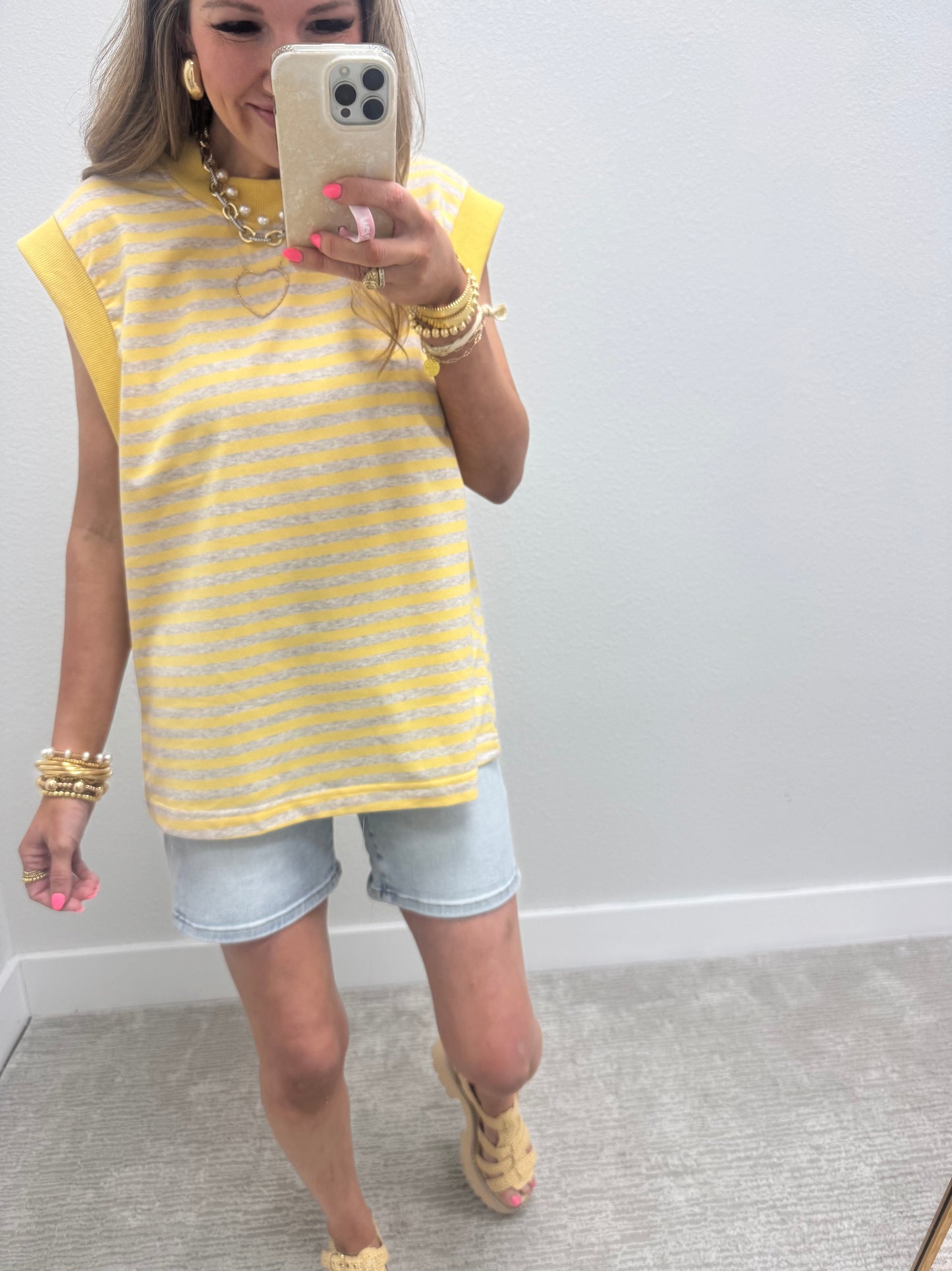 Yellow and Grey Striped Cap Sleeve Shirt FS