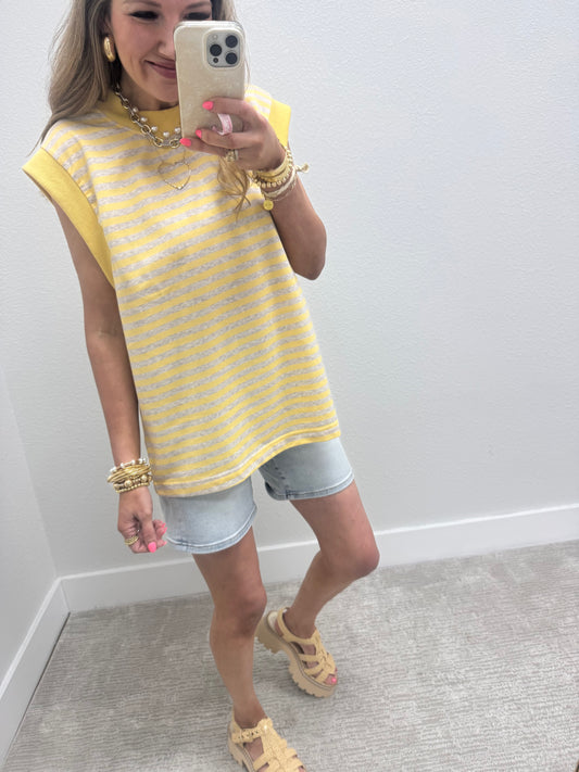 Yellow and Grey Striped Cap Sleeve Shirt