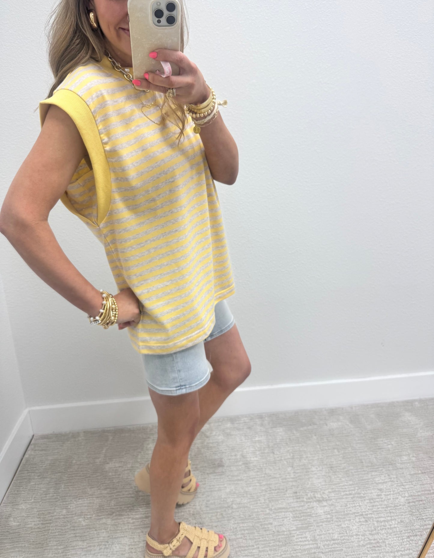 Yellow and Grey Striped Cap Sleeve Shirt FS