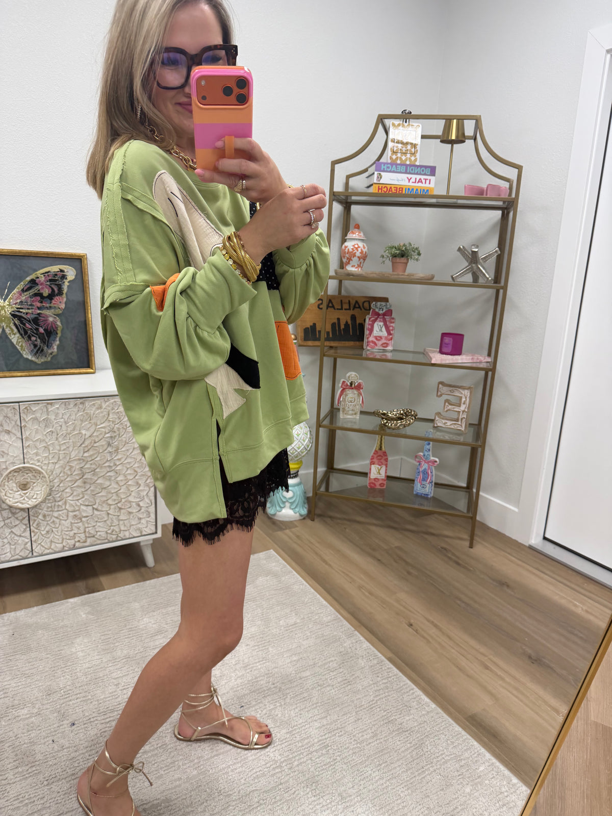 Light Olive Halloween Theme Patchwork French Terry Pullover