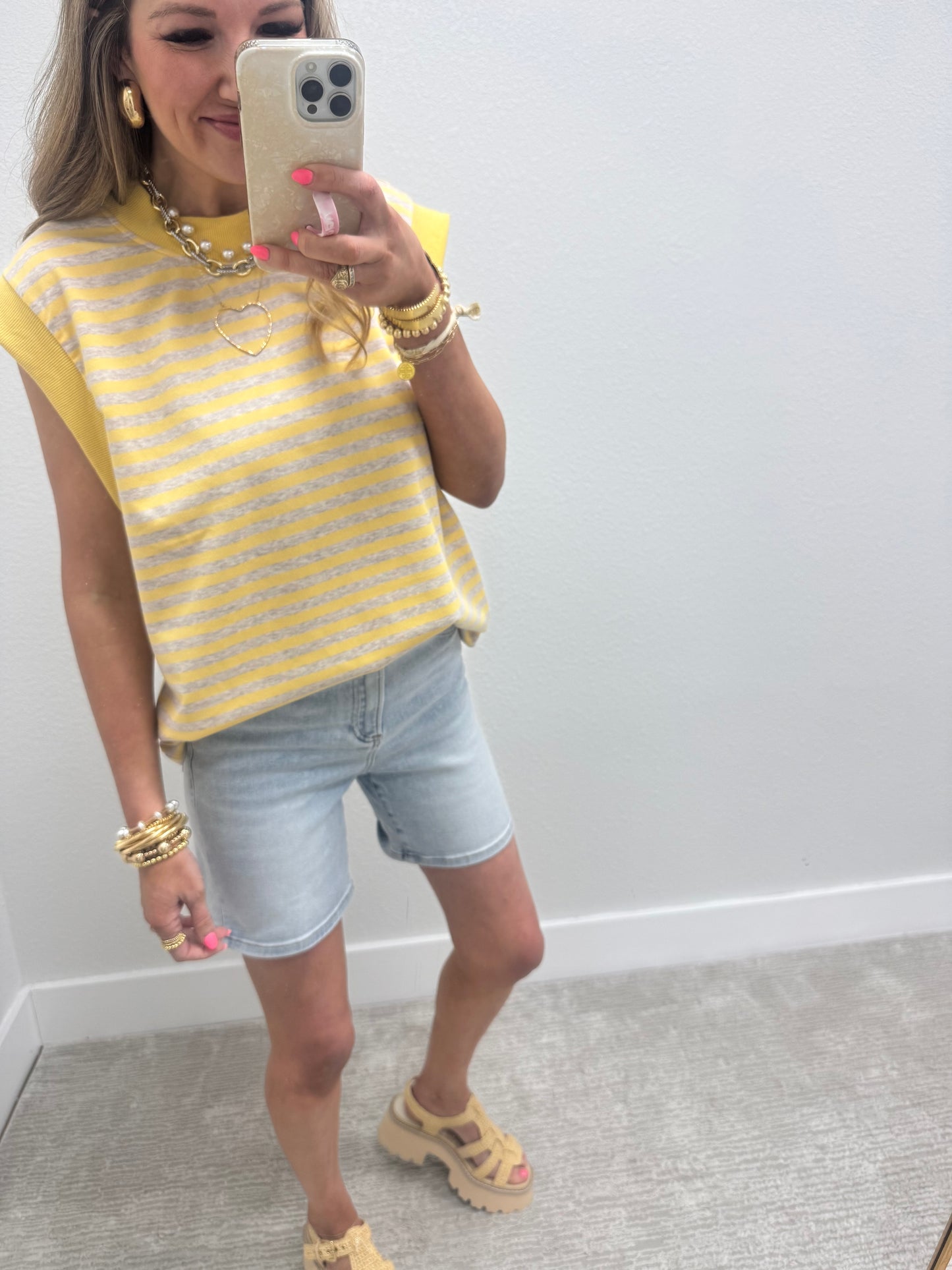 Yellow and Grey Striped Cap Sleeve Shirt FS
