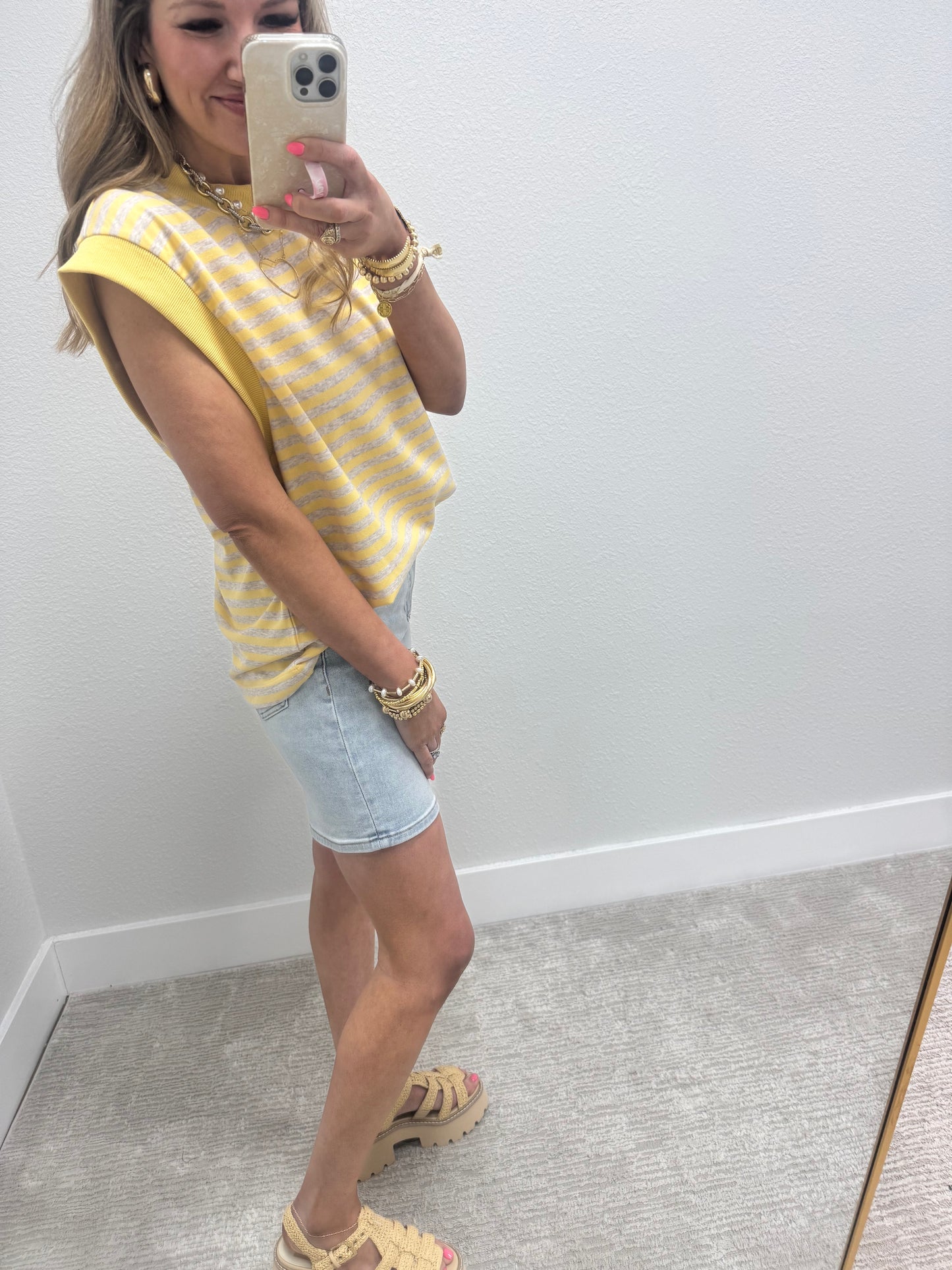 Yellow and Grey Striped Cap Sleeve Shirt FS