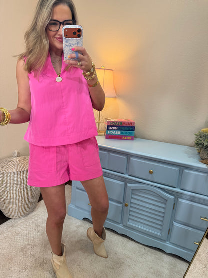 Hot Pink Stand Collar Slit V-neck Sleeveless Top