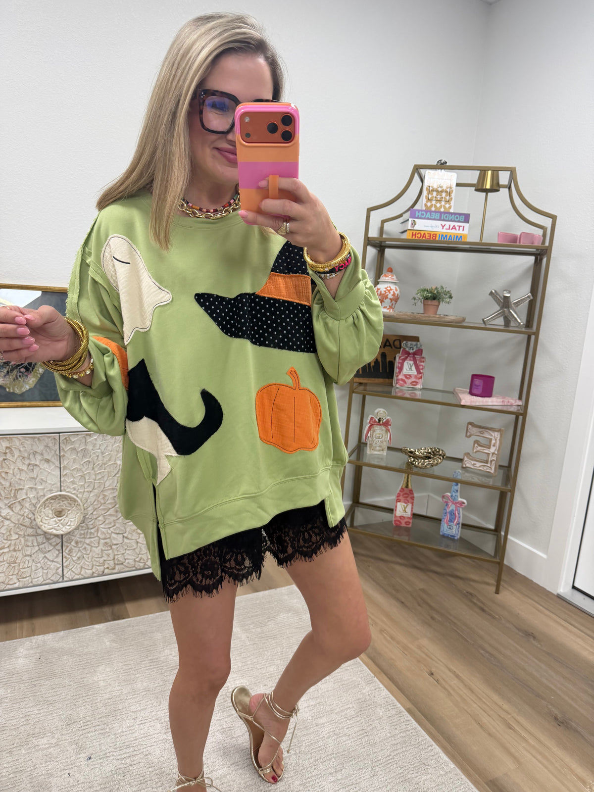Light Olive Halloween Theme Patchwork French Terry Pullover