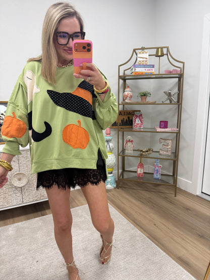 Light Olive Halloween Theme Patchwork French Terry Pullover
