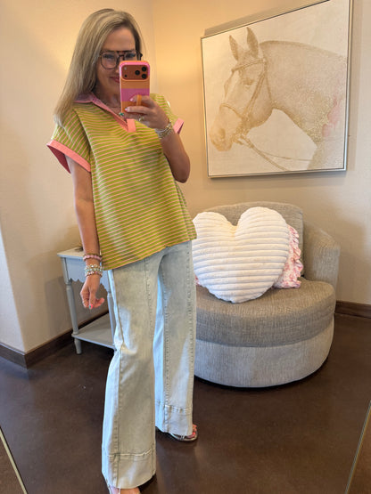 Pink and Green Stripe Two Piece Pant Set