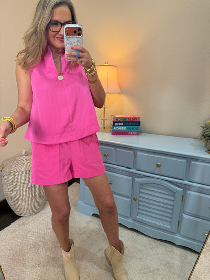 Hot Pink Stand Collar Slit V-neck Sleeveless Top