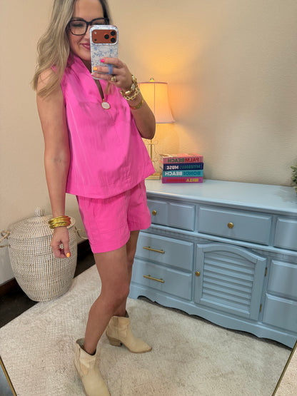 Hot Pink Stand Collar Slit V-neck Sleeveless Top