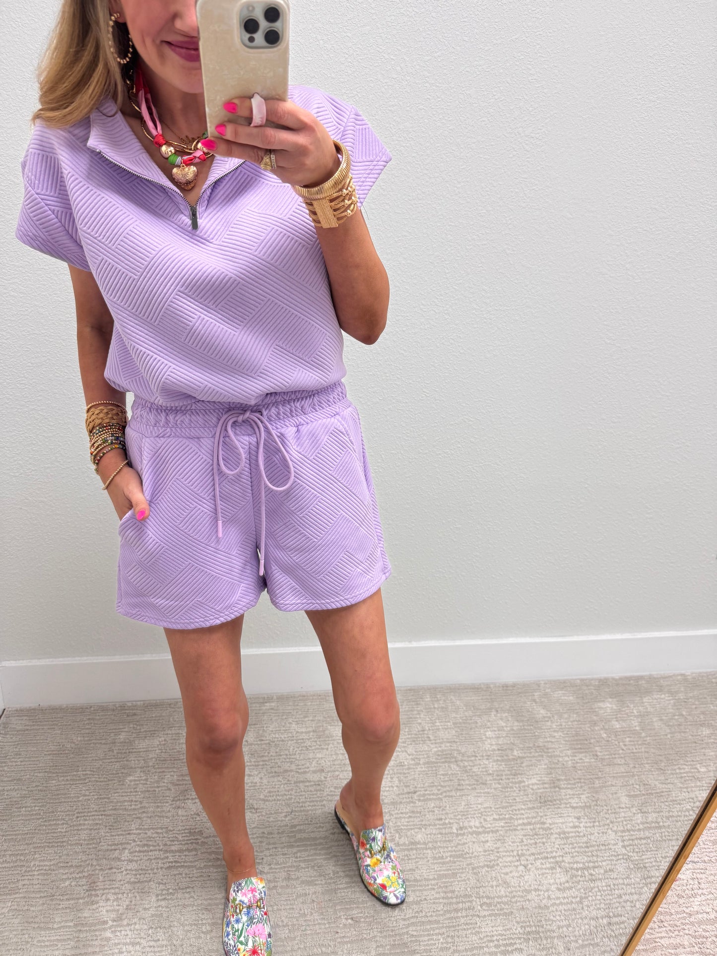 Lavender Textured Half Zip Two Piece Short Set