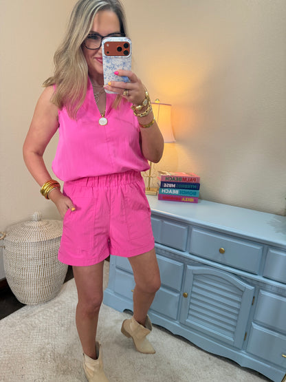 Hot Pink Stand Collar Slit V-neck Sleeveless Top