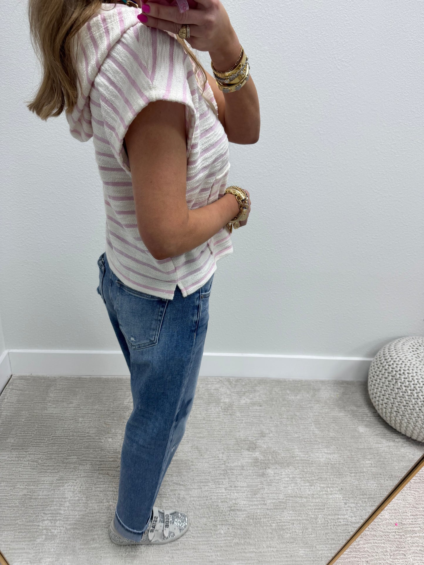 Pink and Cream French Terry Style Striped Hooded Top