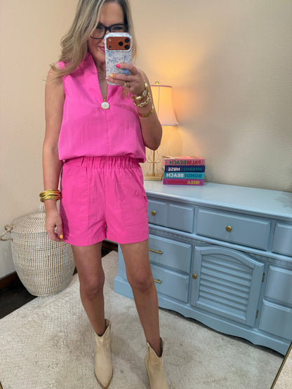 Hot Pink Stand Collar Slit V-neck Sleeveless Top