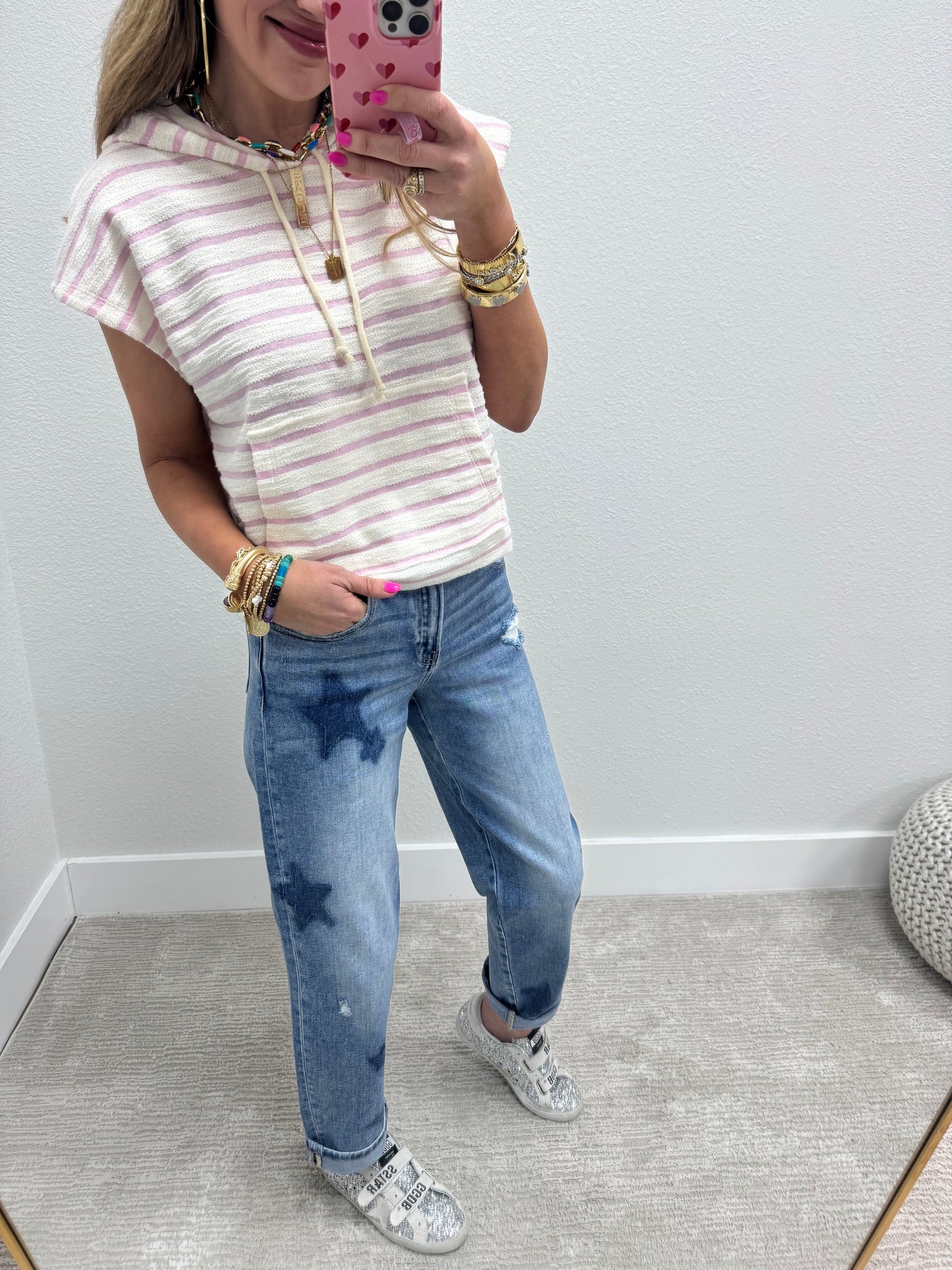 Pink and Cream French Terry Style Striped Hooded Top