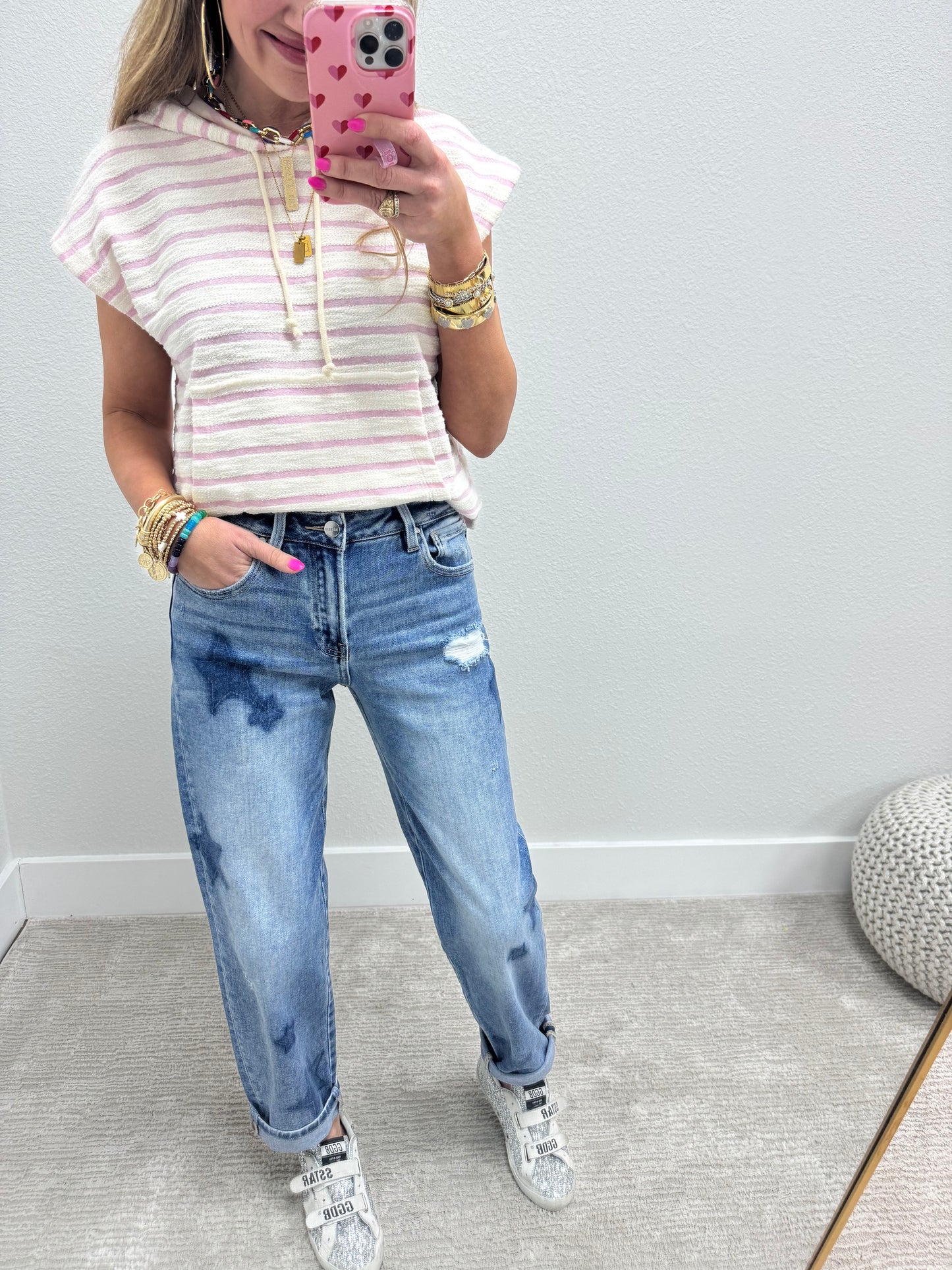 Pink and Cream French Terry Style Striped Hooded Top